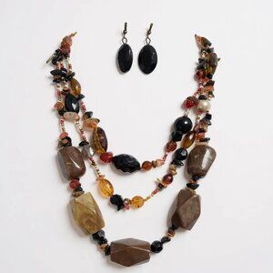 Multi brown And Black Mix Lucite Bead Glass seed Bead Necklace earring Set